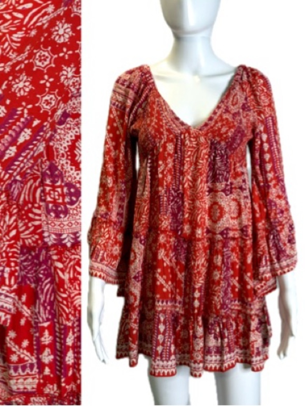 Angie Red Batik Aztec Print Skater Dress Size Small Bell Sleeve Tiered Ruffle